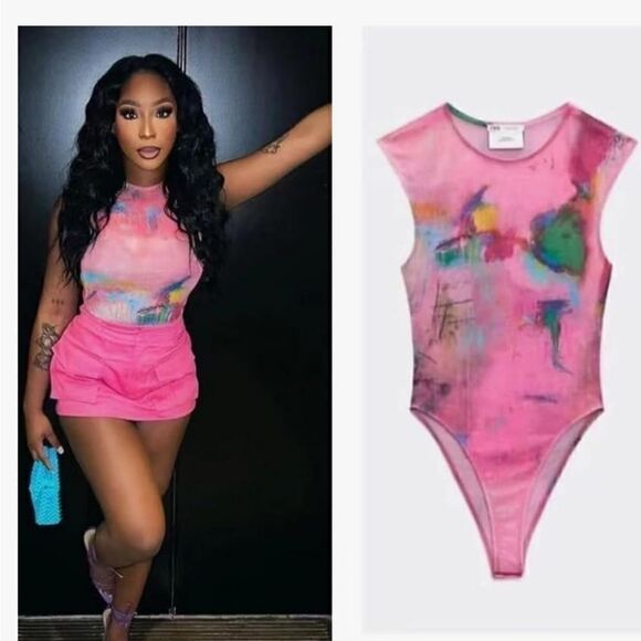 ZARA ©DAVID PHER PRINTED BODYSUIT PINK - Picture 1 of 8